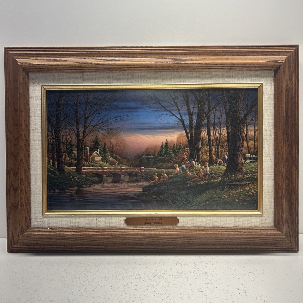Vintage‎ Terry Redlin Spring Fishing Framed Linen Print Presentation COA 13.5x19